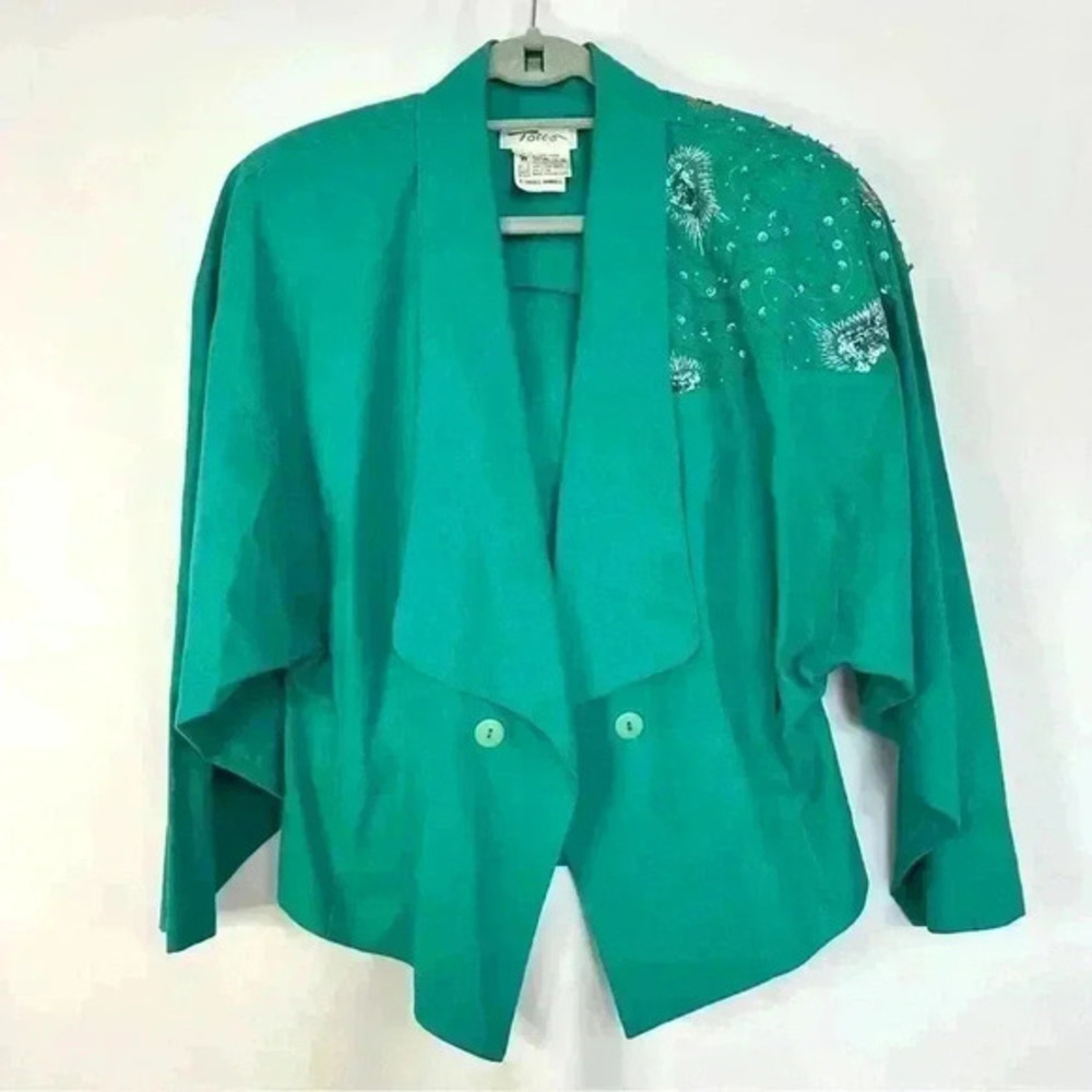 Vintage Tocco Blazer Lapel Collar 100% Linen Womens Sz 14 Green Beaded Floral